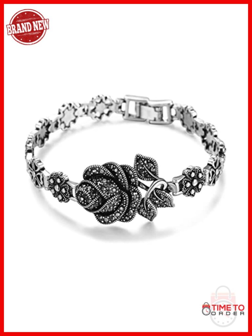 Vintage Black Onyx Marcasite Rose Bangle Bracelet Silver Chain Link